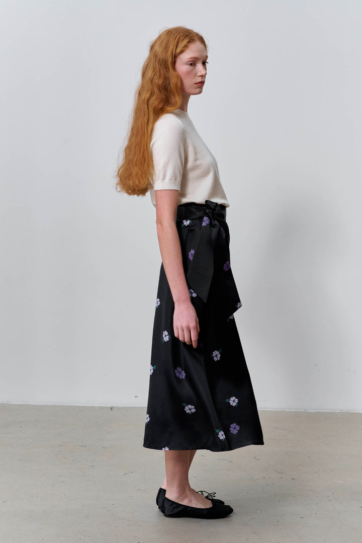 PAJA Summer Shimmer Silk Wool Satin Printed Tie-Waist Long Skirt
