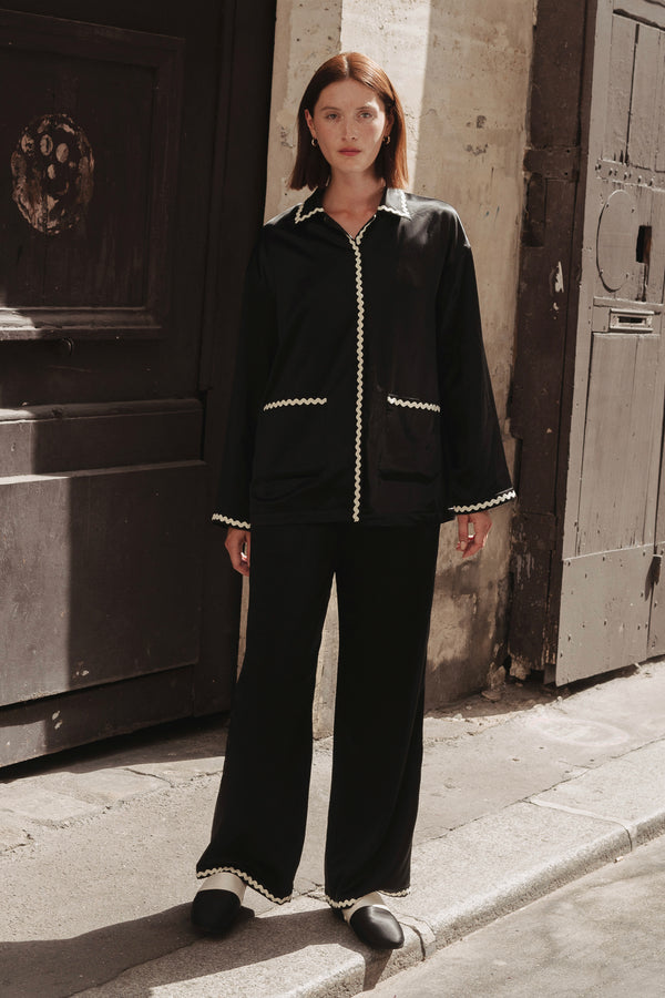 Floating Collection Unisex Silk Pajamas Long Set - Rich Black