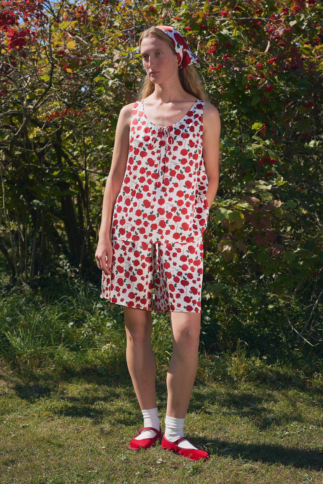 Farm Edit Red Turnip Print 22 Momme Silk Tank Shorts Set