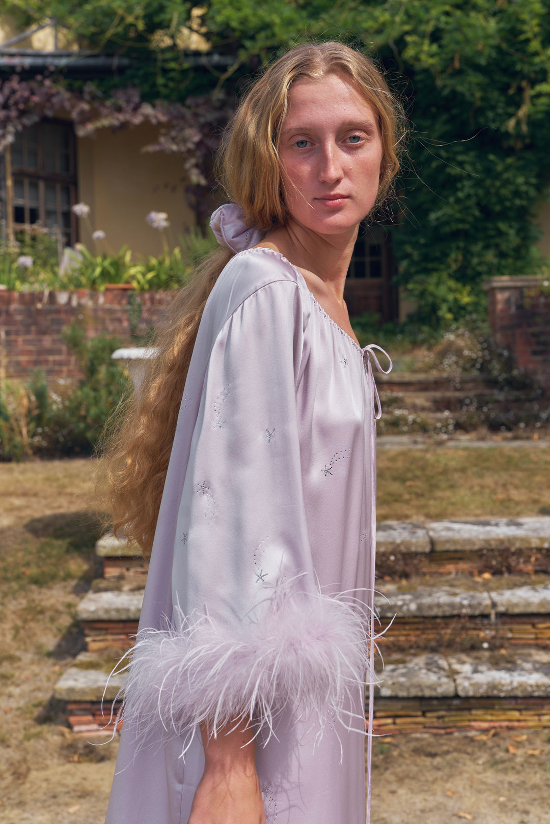 VEGA Collection Feathered Silk Rhinestone-Embellished Short Robe