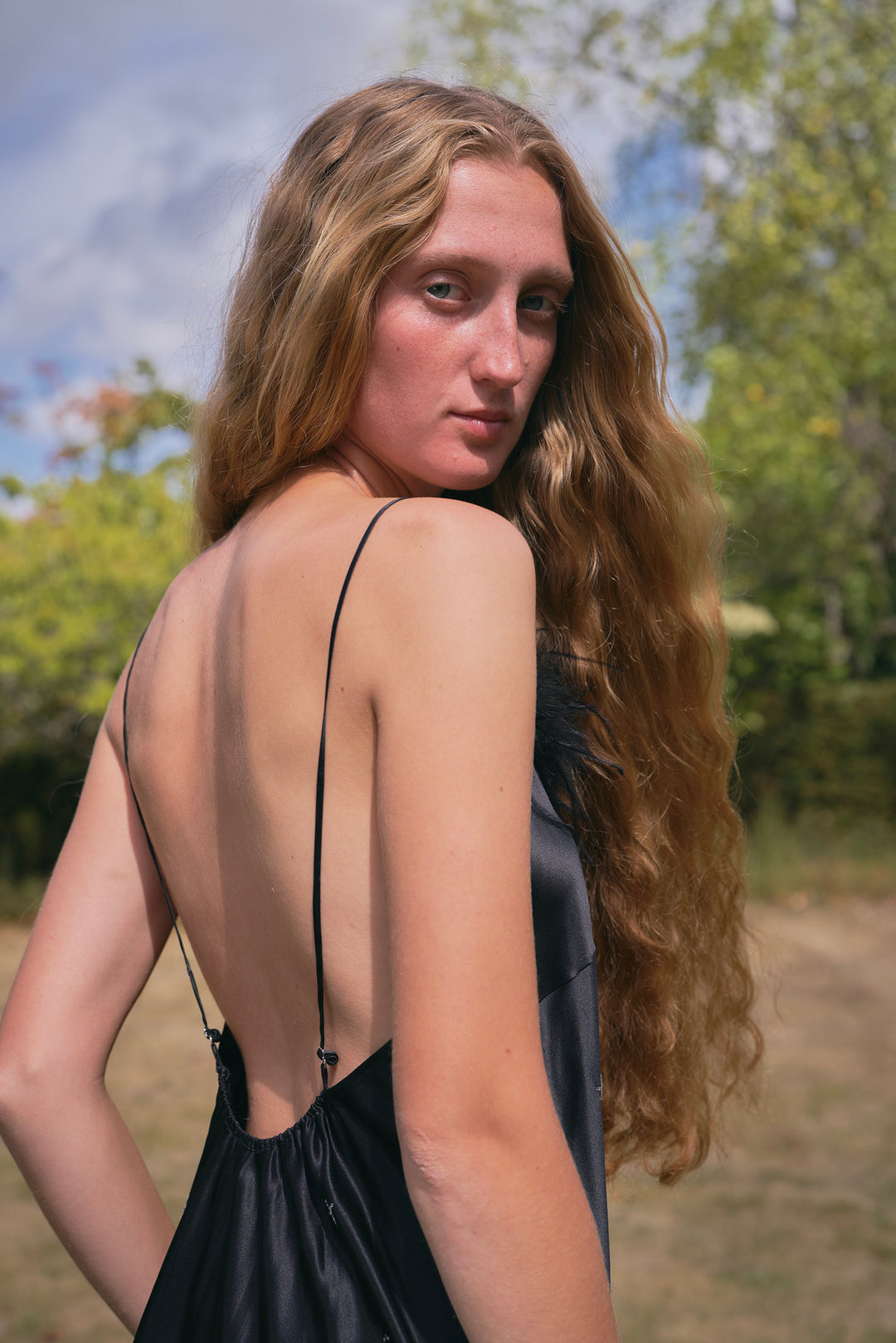 VEGA Collection Feathered Silk Rhinestone-Embellished Slip Dress - Black