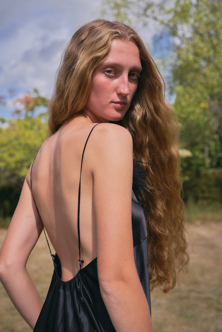 VEGA Collection Feathered Silk Rhinestone-Embellished Slip Dress - Black