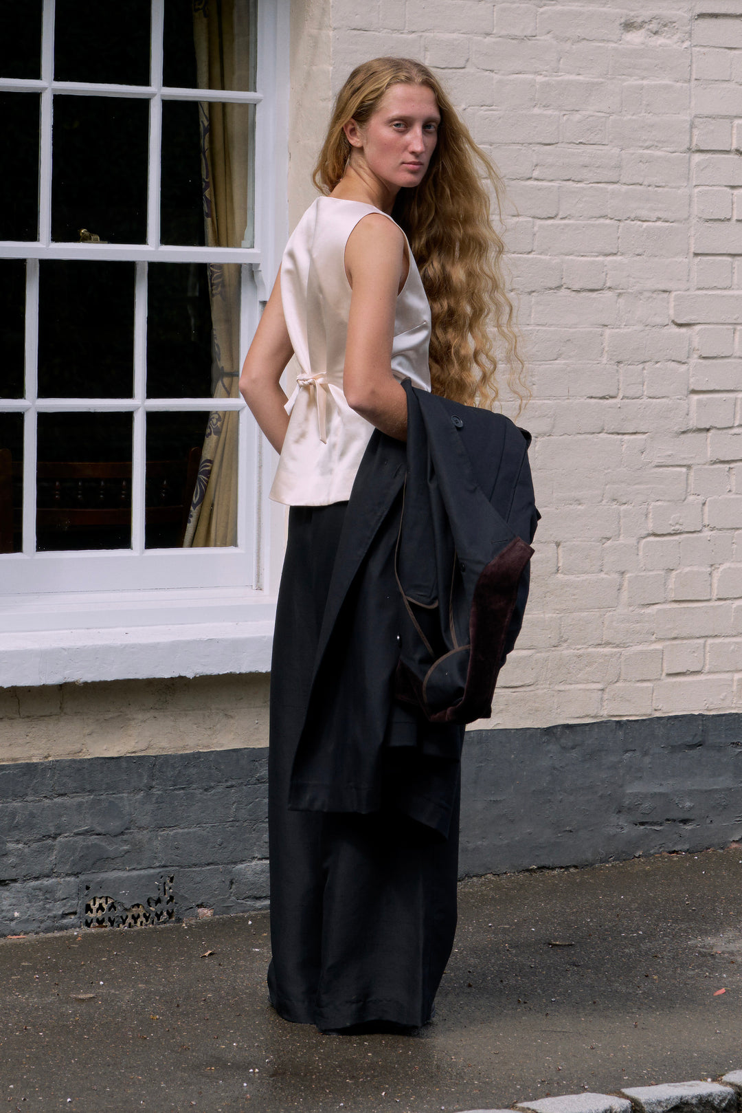 PAJA Farm Edit Waist-Tied Silk-Wool Satin Vest - Beige