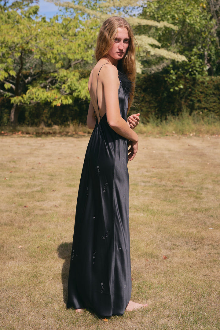 VEGA Collection Feathered Silk Rhinestone-Embellished Slip Dress - Black