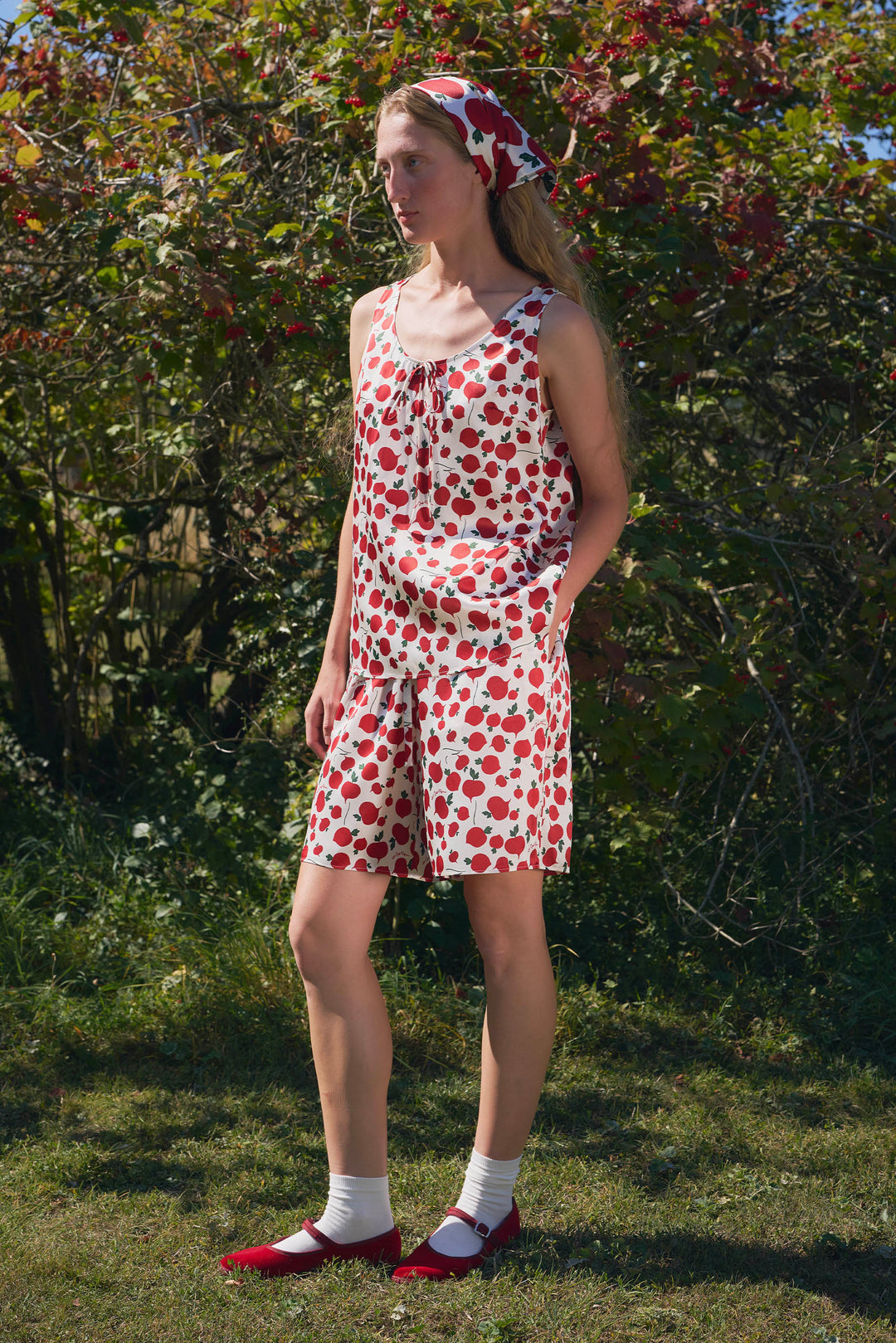 Farm Edit Red Turnip Print 22 Momme Silk Tank Shorts Set