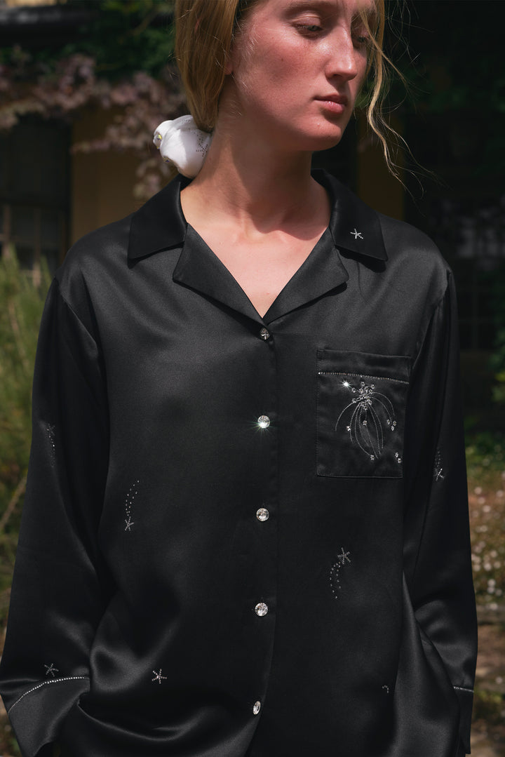 VEGA Collection Silk Rhinestone-Embellished  Long Sleeve Set - Black