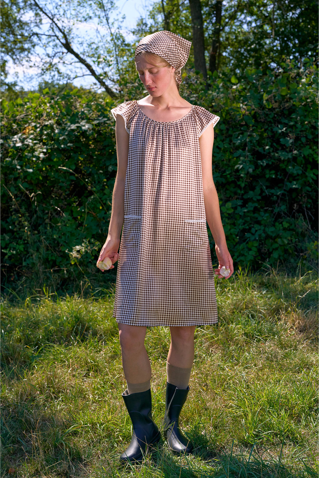 Farm Edit Silk Brown Plaid Print Sleeveless Dress