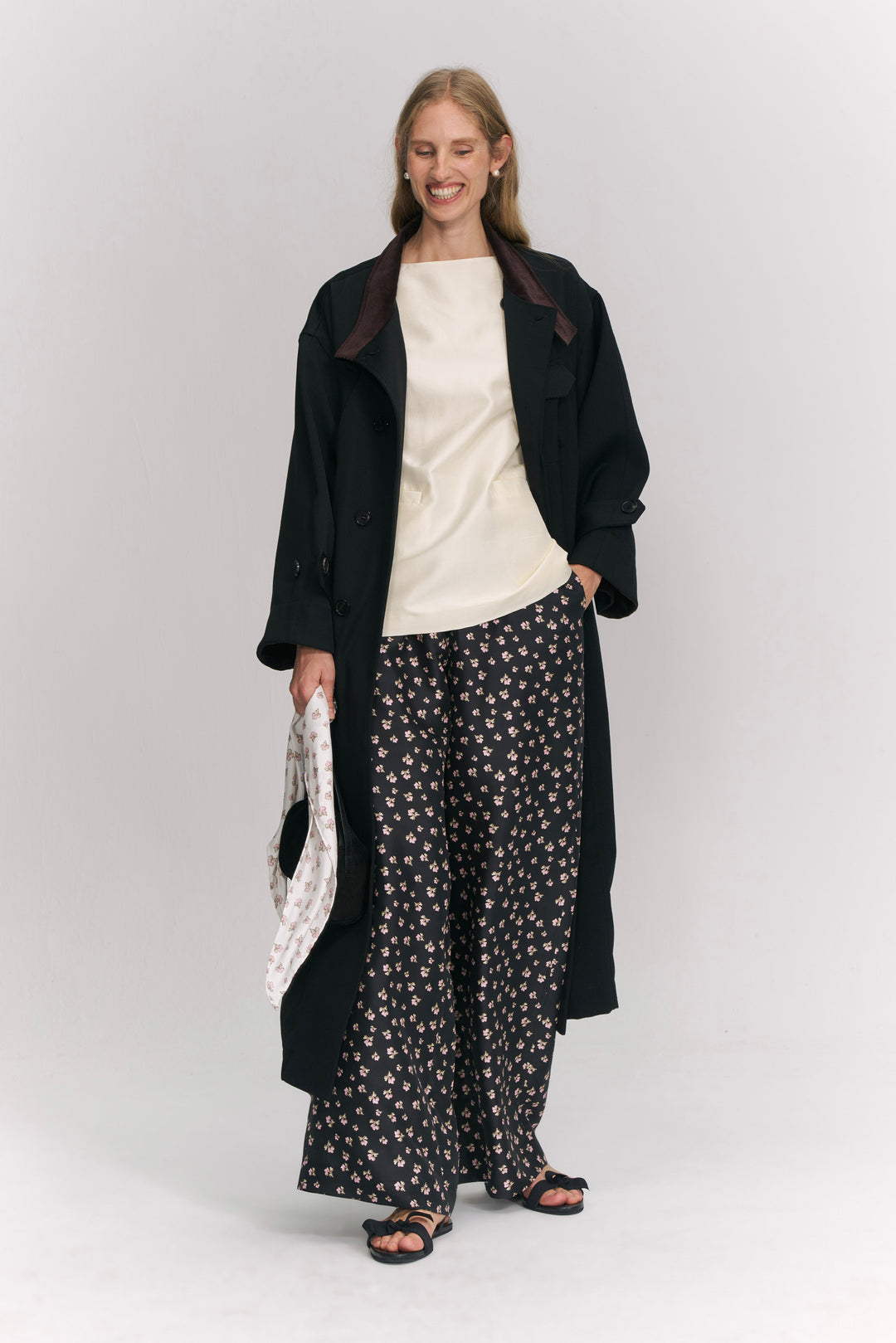 PAJA Farm Edit Dupion Silk Floral Print Trousers - Black