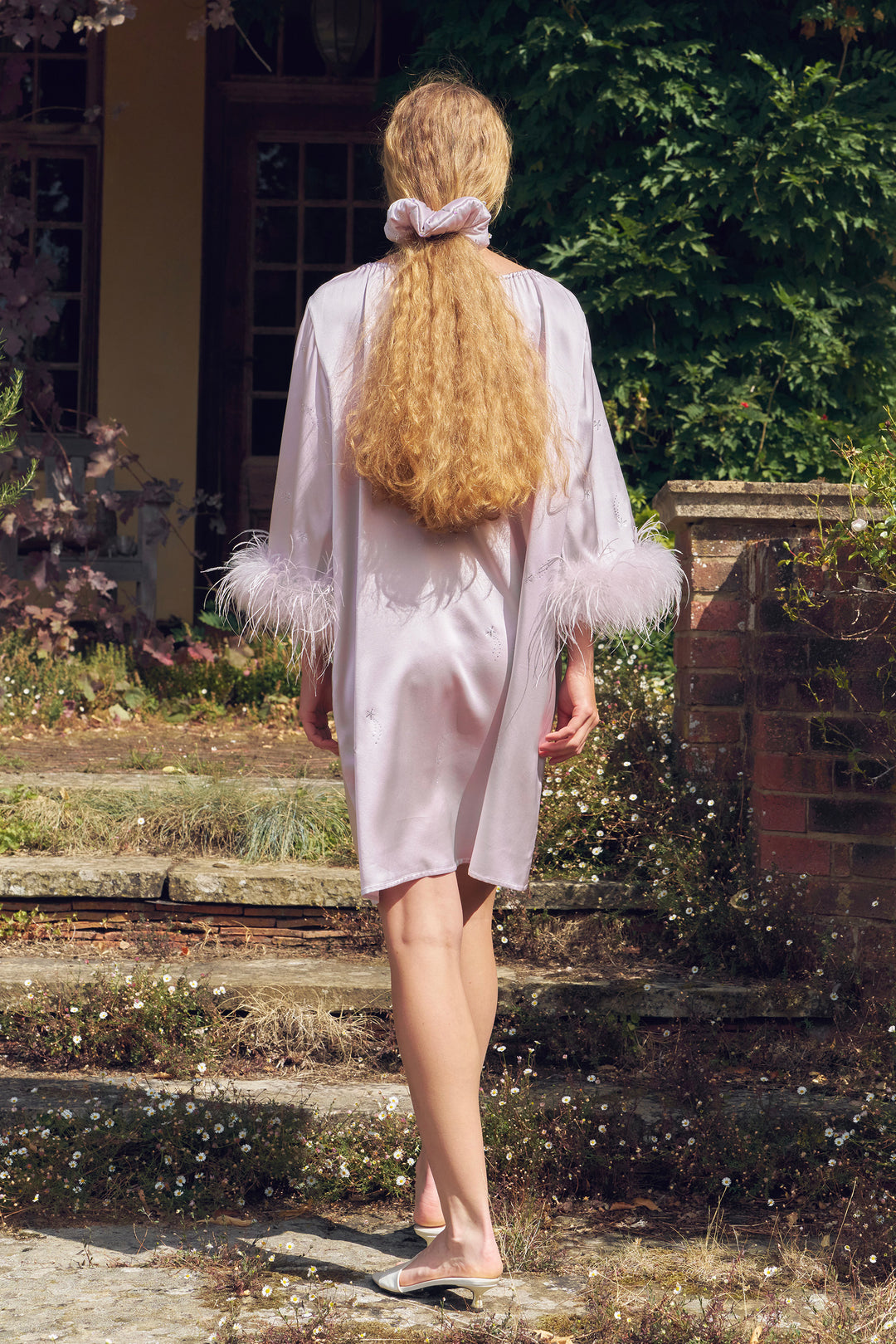 VEGA Collection Feathered Silk Rhinestone-Embellished Short Robe