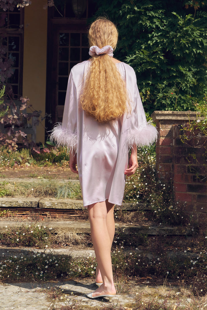 VEGA Collection Feathered Silk Rhinestone-Embellished Short Robe