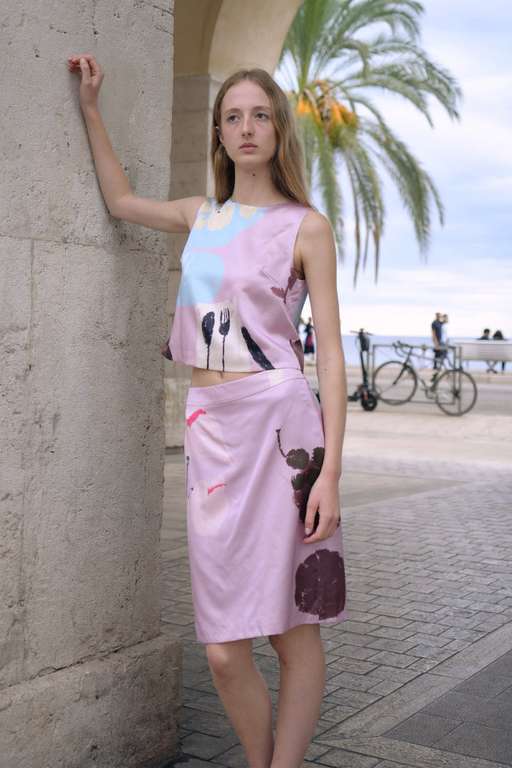 PAJA Dinner Hour Printed Silk Wool Satin Skirt