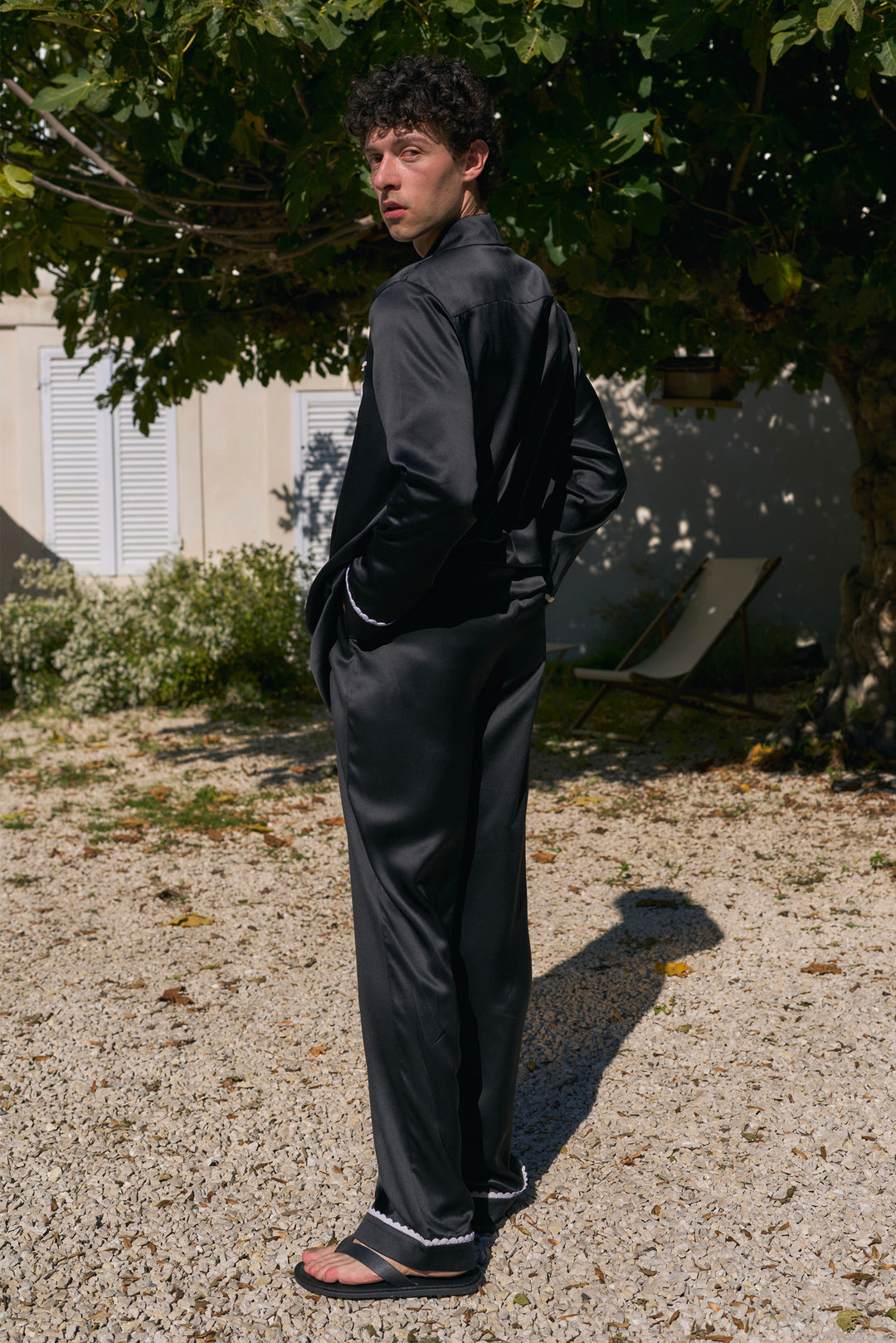 BUBU Collection Men's Silk Velour Edging Long Sleeve Pajama Set - Black