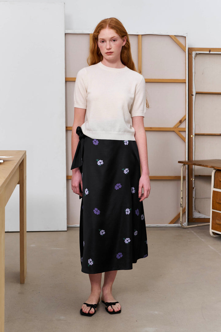 PAJA Summer Shimmer Silk Wool Satin Printed Tie-Waist Long Skirt