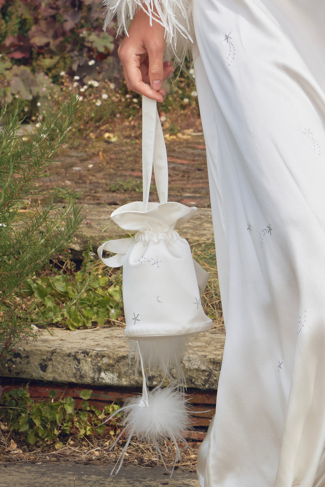 VEGA Collection Feathered Silk Rhinestone-Embellished Handbag