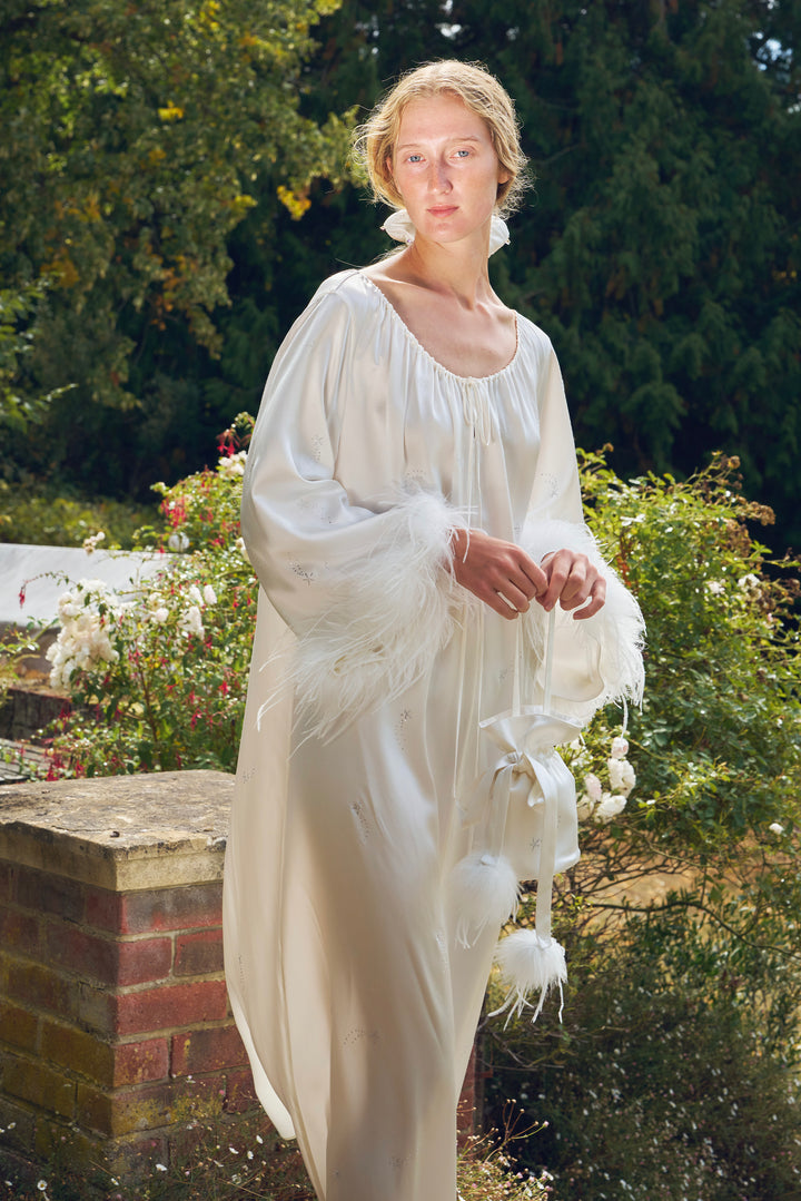 VEGA Collection Feathered Silk Rhinestone-Embellished Long Robe - White