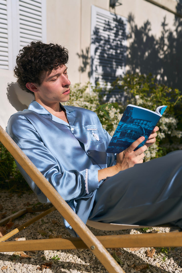 BUBU Collection Men's Silk Velour Edging Long Sleeve Pajama Set - Blue