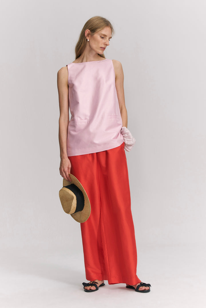 PAJA Farm Edit Dupion Silk Deep V-Back Top - Pink