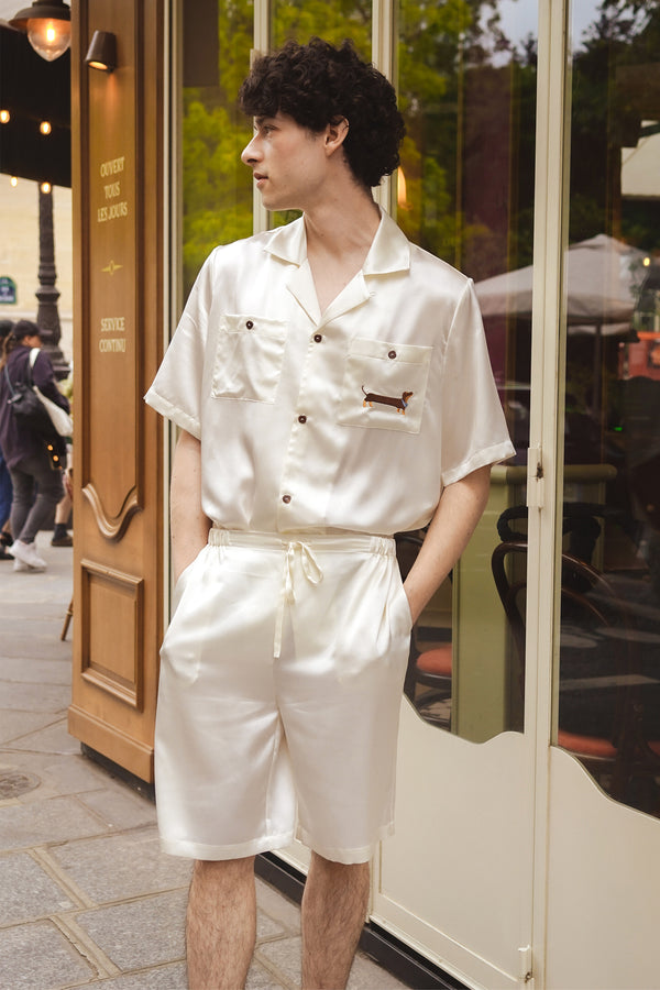 Puppy Edition Men's Dachshund Delight Silk Short Set - Ivory