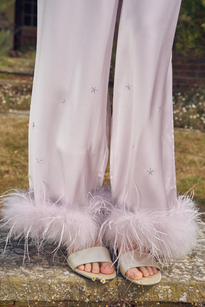 VEGA Collection Feathered Silk Rhinestone-Embellished Long Sleeve Set - Amethyst