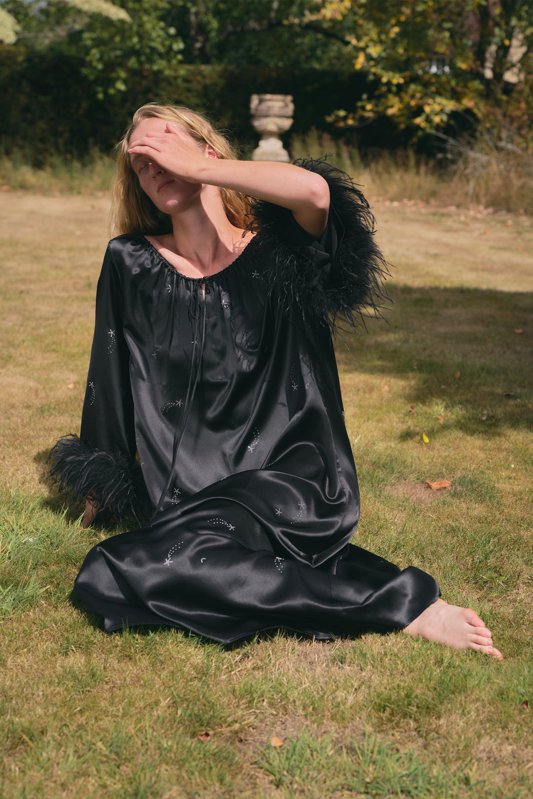 VEGA Collection Feathered Silk Rhinestone-Embellished Long Robe - Black