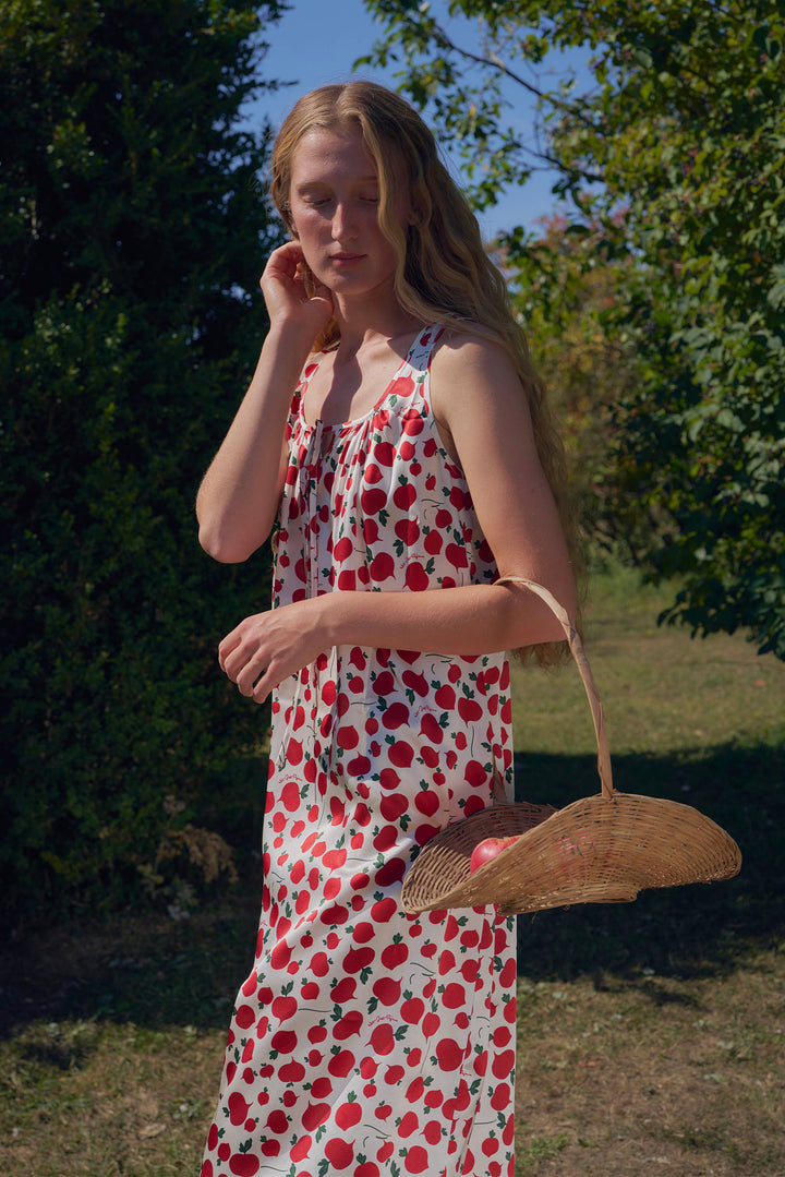 Farm Edit Red Turnip Print 22 Momme Silk Sleeveless Lace-Trim Dress