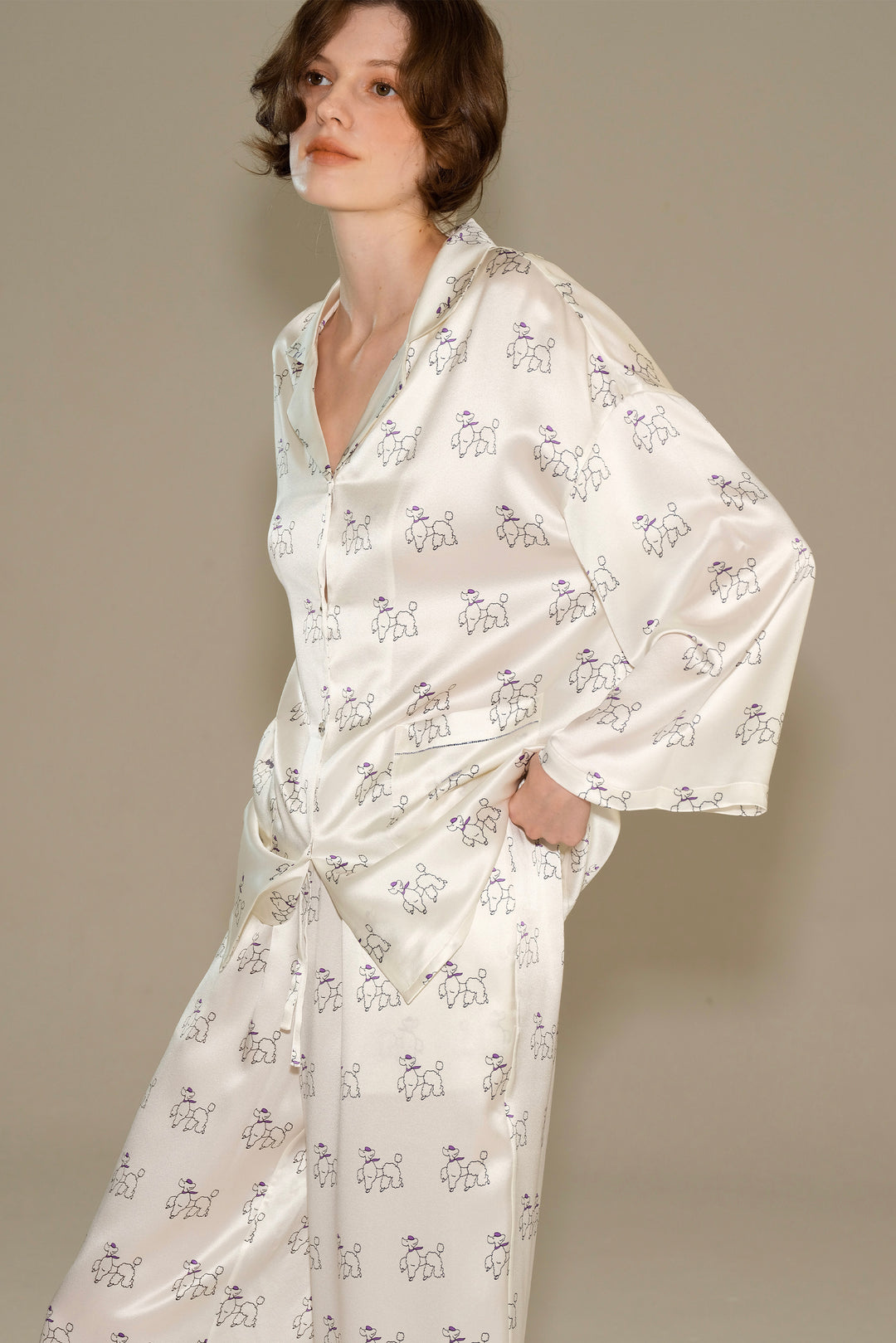 Puppy Edition Diamond Poodles Silk Pajamas Long Set, S Puppy Edition Diamond Poodles Silk Pajamas Long Set, S