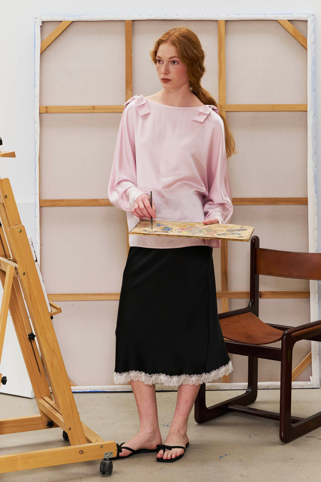 PAJA 25 Momme Silk Crepe Satin Bow Long-Sleeve Top