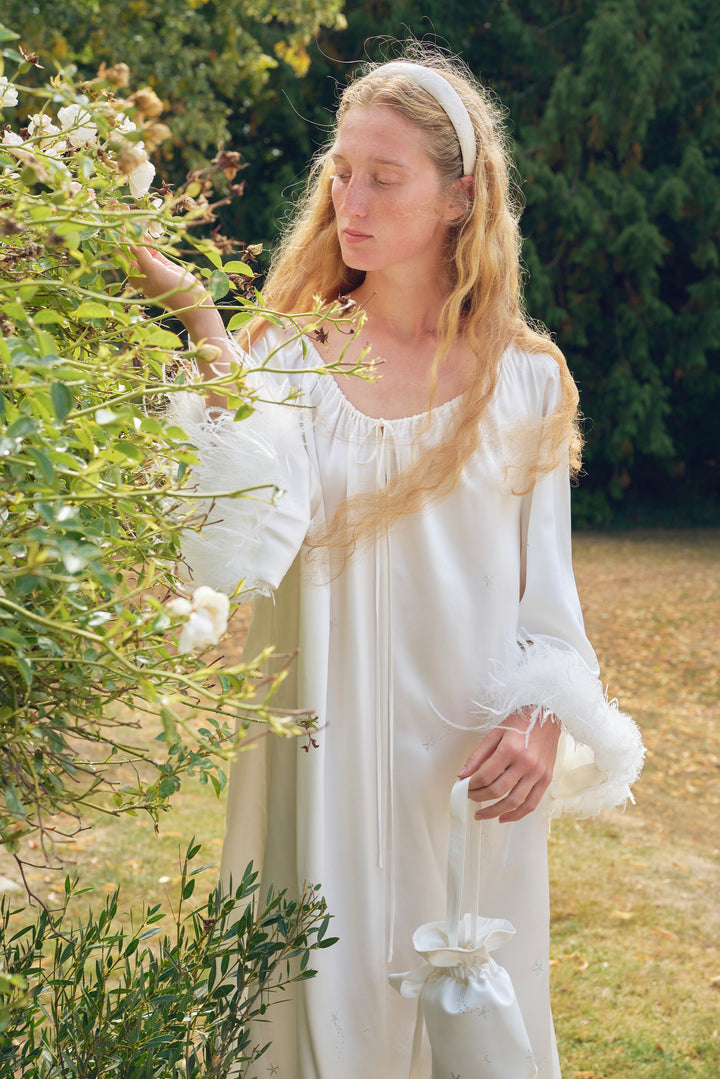 VEGA Collection Feathered Silk Rhinestone-Embellished Long Robe - White