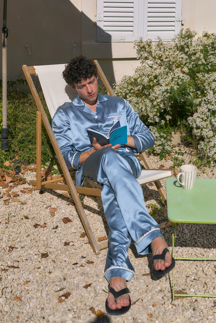 BUBU Collection Men's Silk Velour Edging Long Sleeve Pajama Set - Blue