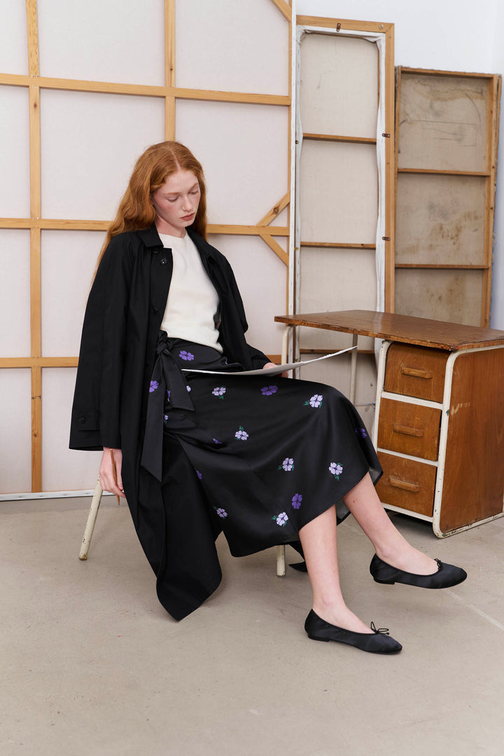 PAJA Summer Shimmer Silk Wool Satin Printed Tie-Waist Long Skirt