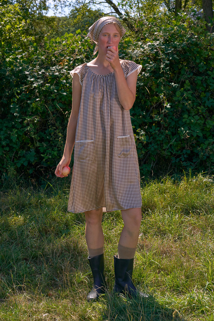 Farm Edit Silk Brown Plaid Print Sleeveless Dress