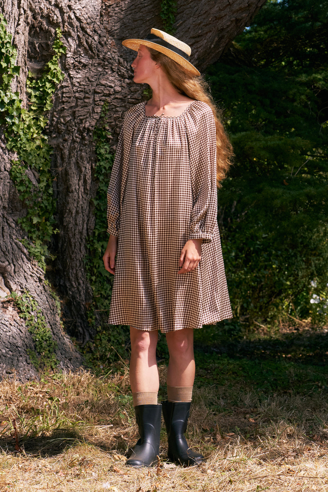 Farm Edit Silk Brown Plaid Print Long-Sleeve Dress