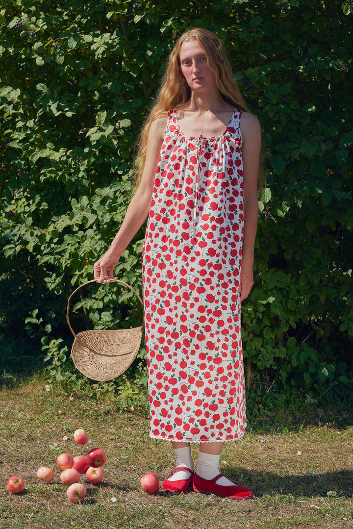 Farm Edit Red Turnip Print 22 Momme Silk Sleeveless Lace-Trim Dress