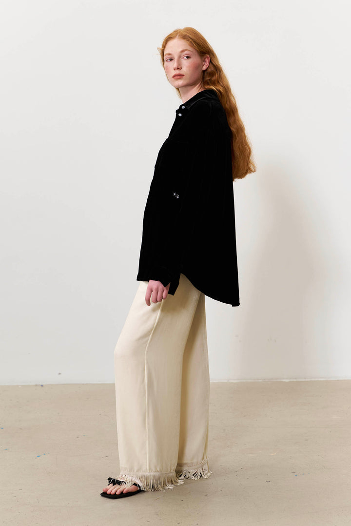 PAJA Summer Shimmer Silk Velvet Fringe-Trim Pants
