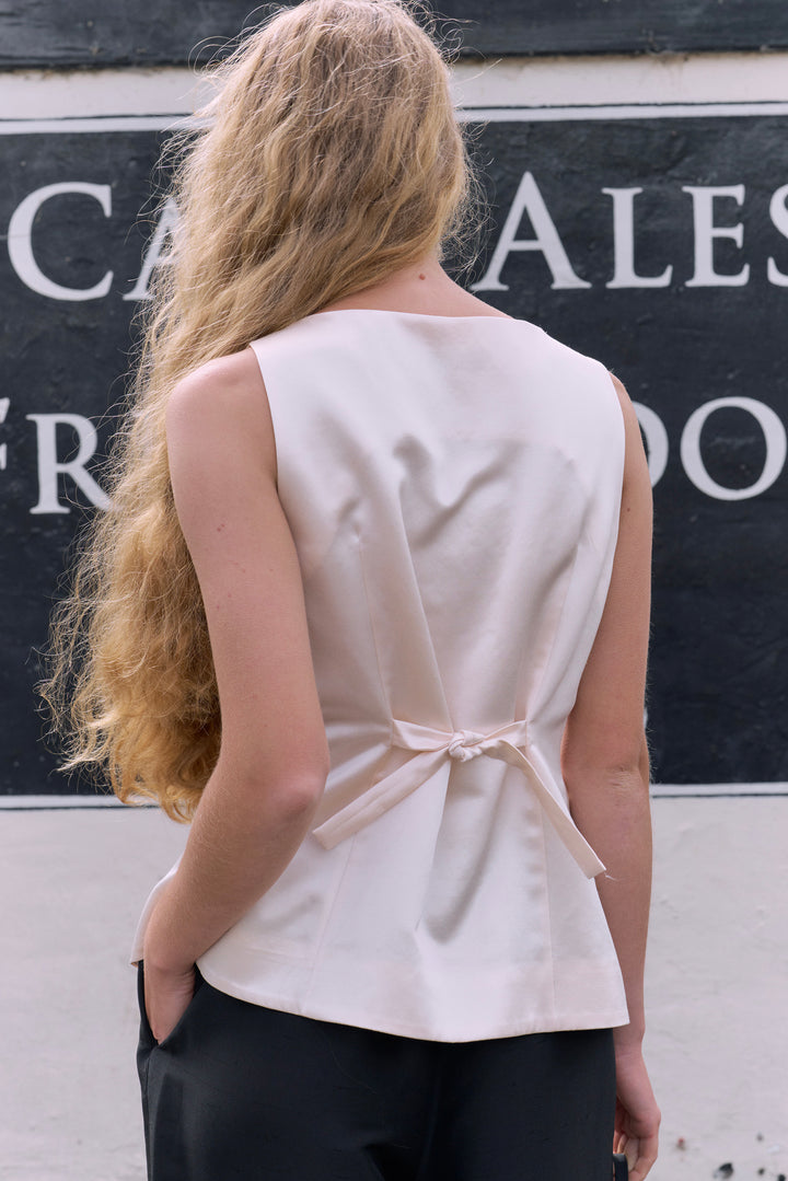 PAJA Farm Edit Waist-Tied Silk-Wool Satin Vest - Beige