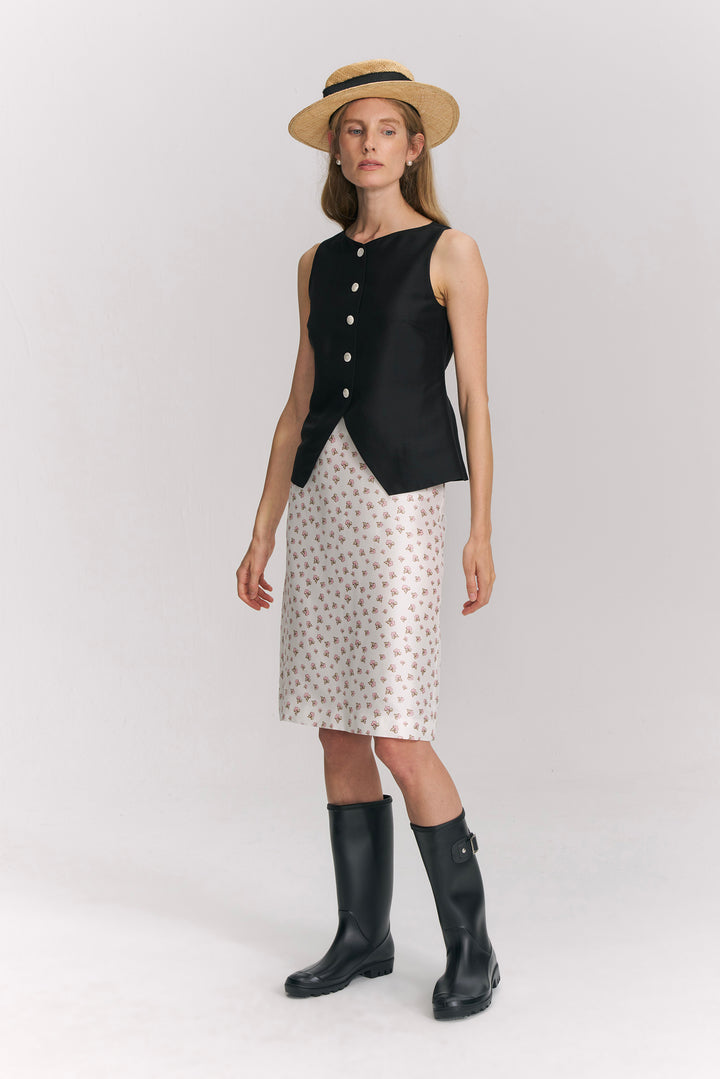 PAJA Farm Edit Dupion Silk Floral Print Midi Skirt - White