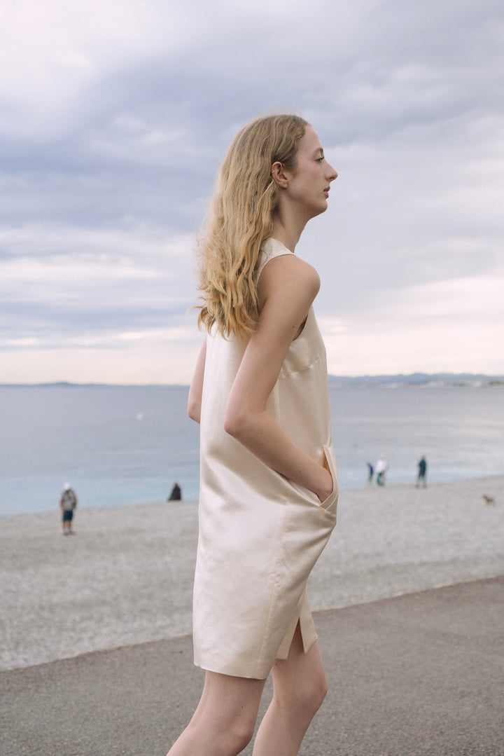 PAJA Dinner Hour Silk-Wool Satin V-Neck Vest Dress