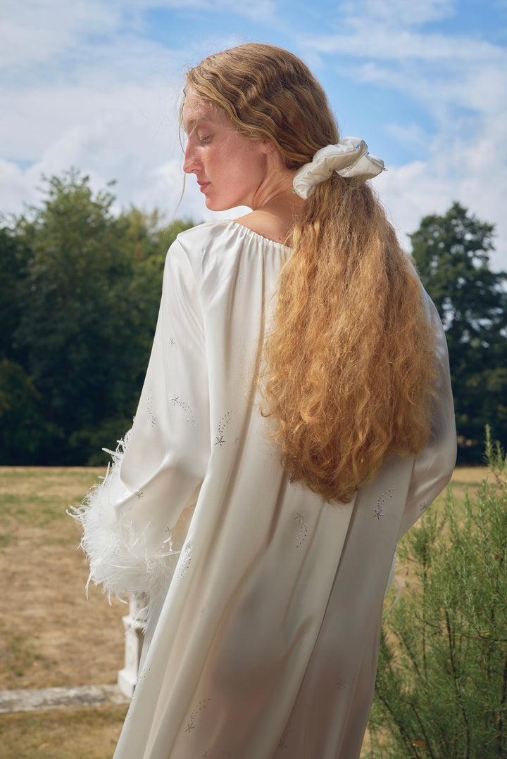 VEGA Collection Feathered Silk Rhinestone-Embellished Long Robe - White