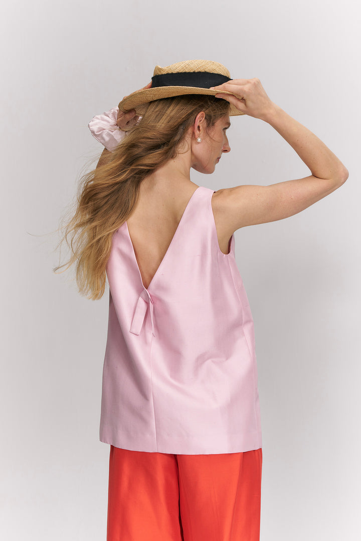 PAJA Farm Edit Dupion Silk Deep V-Back Top - Pink