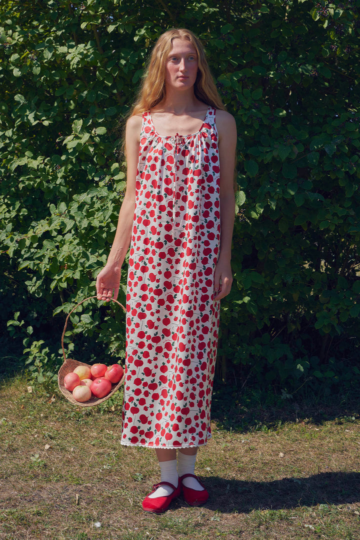 Farm Edit Red Turnip Print 22 Momme Silk Sleeveless Lace-Trim Dress