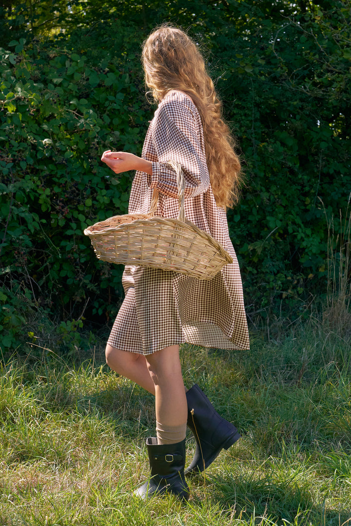 Farm Edit Silk Brown Plaid Print Long-Sleeve Dress