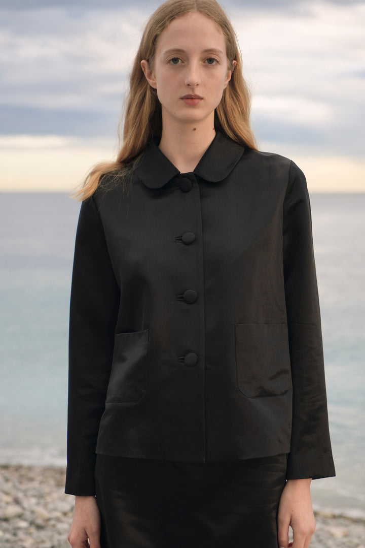 PAJA Dinner Hour Silk-Wool Satin Black Jacket