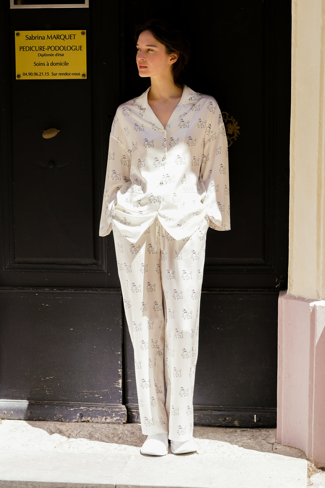 Animal Lover Box | Puppy Edition Diamond Poodles Silk Long Pajama Set & Sleeping Eye Mask