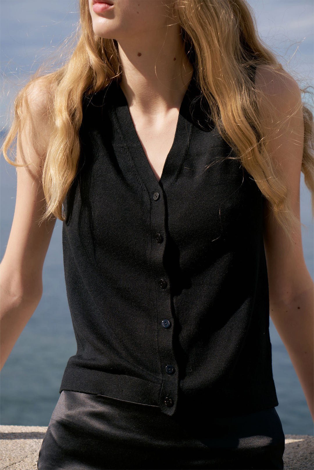 PAJA Gleam Collection Cashmere-Silk Vest Cardigan - Black