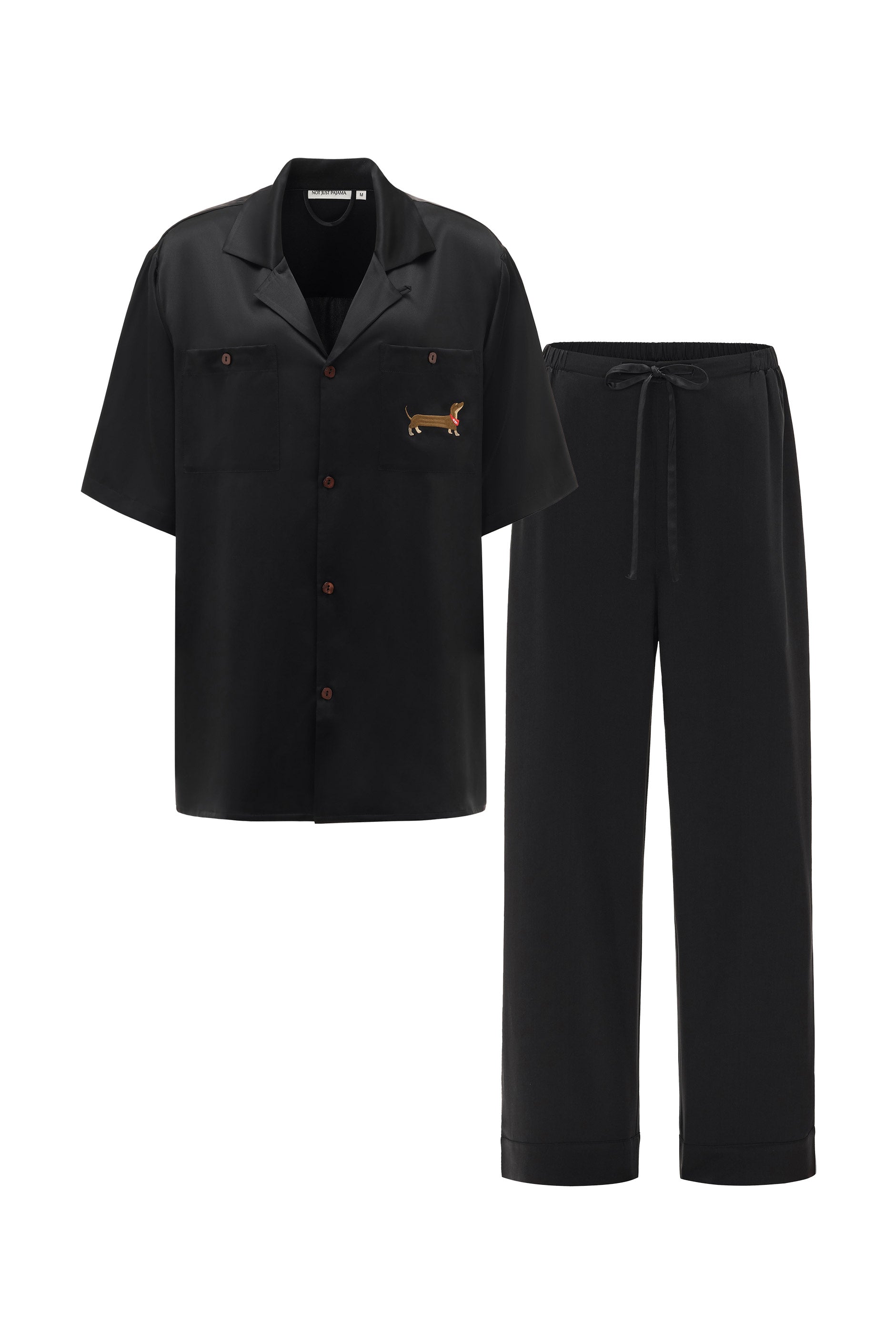 Puppy Edition Women's Dachshund Chic Silk Short Sleeve & Long Pants Set-Silk Pajamas Long Set-Black-XS-NJP2463+2462-Not Just Pajama