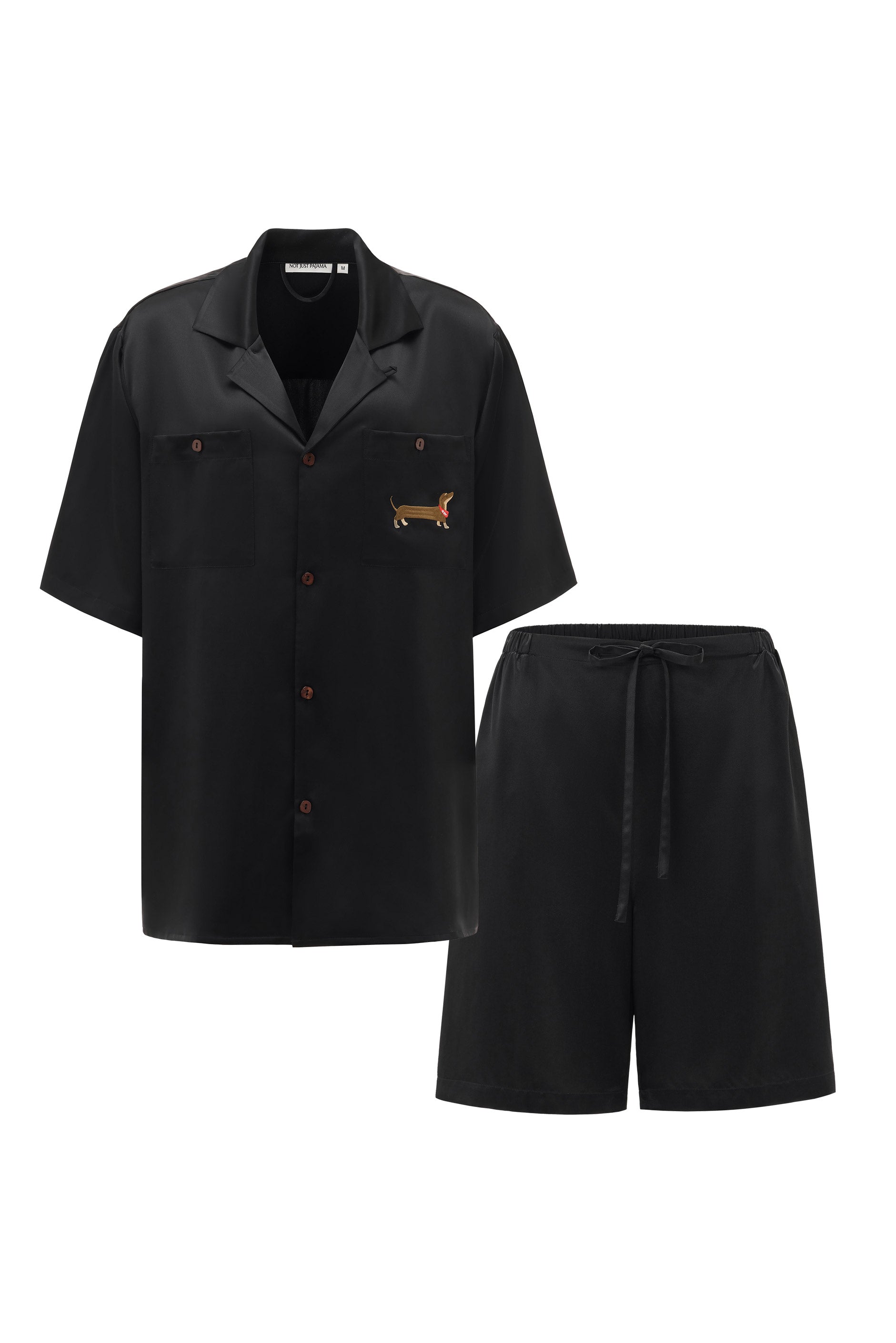 Puppy Edition Men's Dachshund Delight Silk Short Set - Rich Black-Silk Pajamas Long Set-Black-S-NJP2463-Not Just Pajama