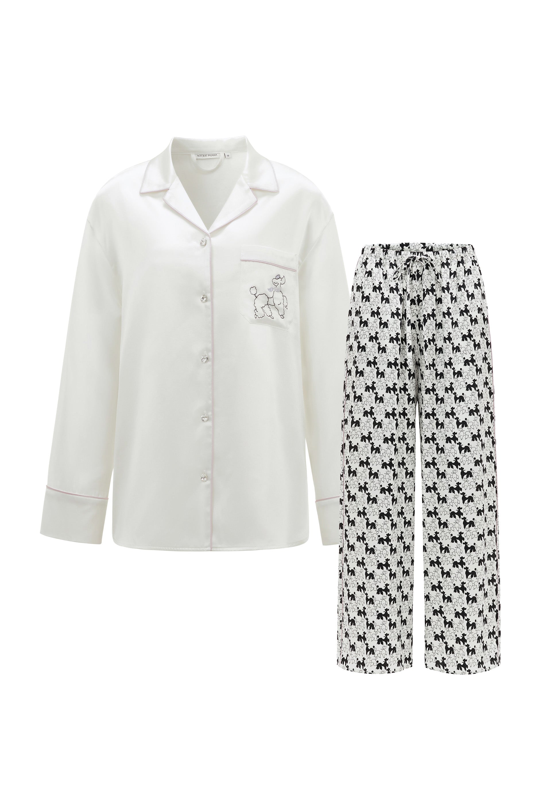 Puppy Edition Diamond Poodles Contrast Silk Pajama Set-Silk Pajamas Long Set-S-NJP2474-Not Just Pajama