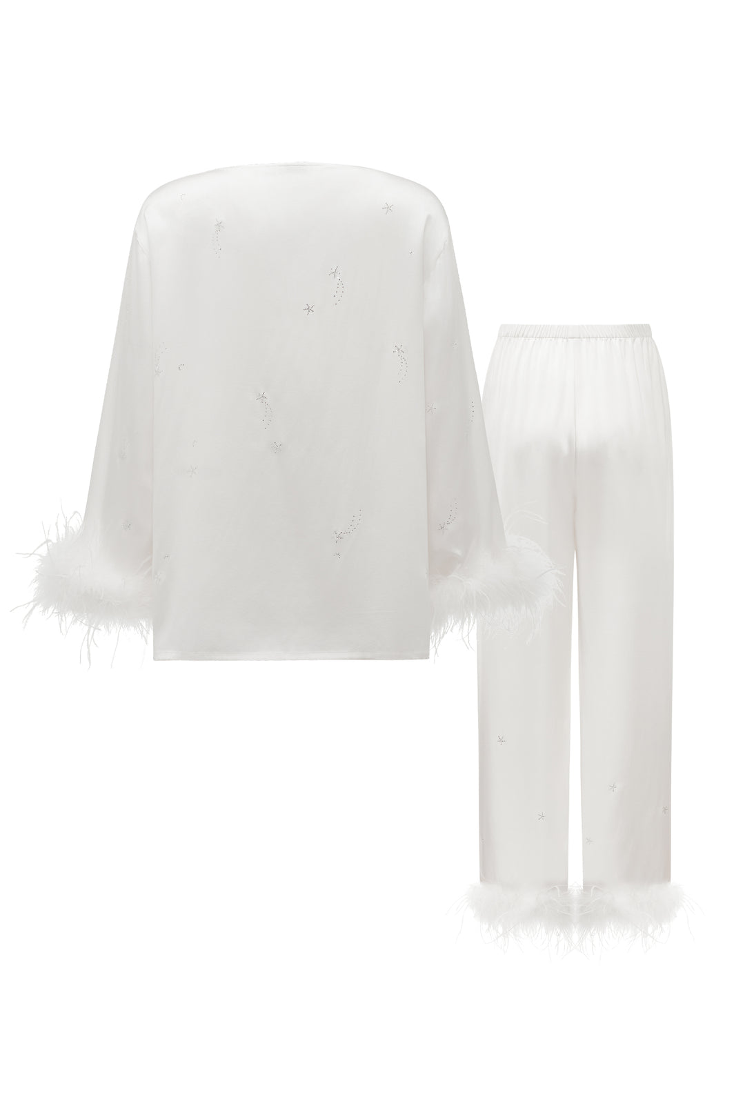 VEGA Collection Feathered Silk Rhinestone-Embellished Long Sleeve Set - White