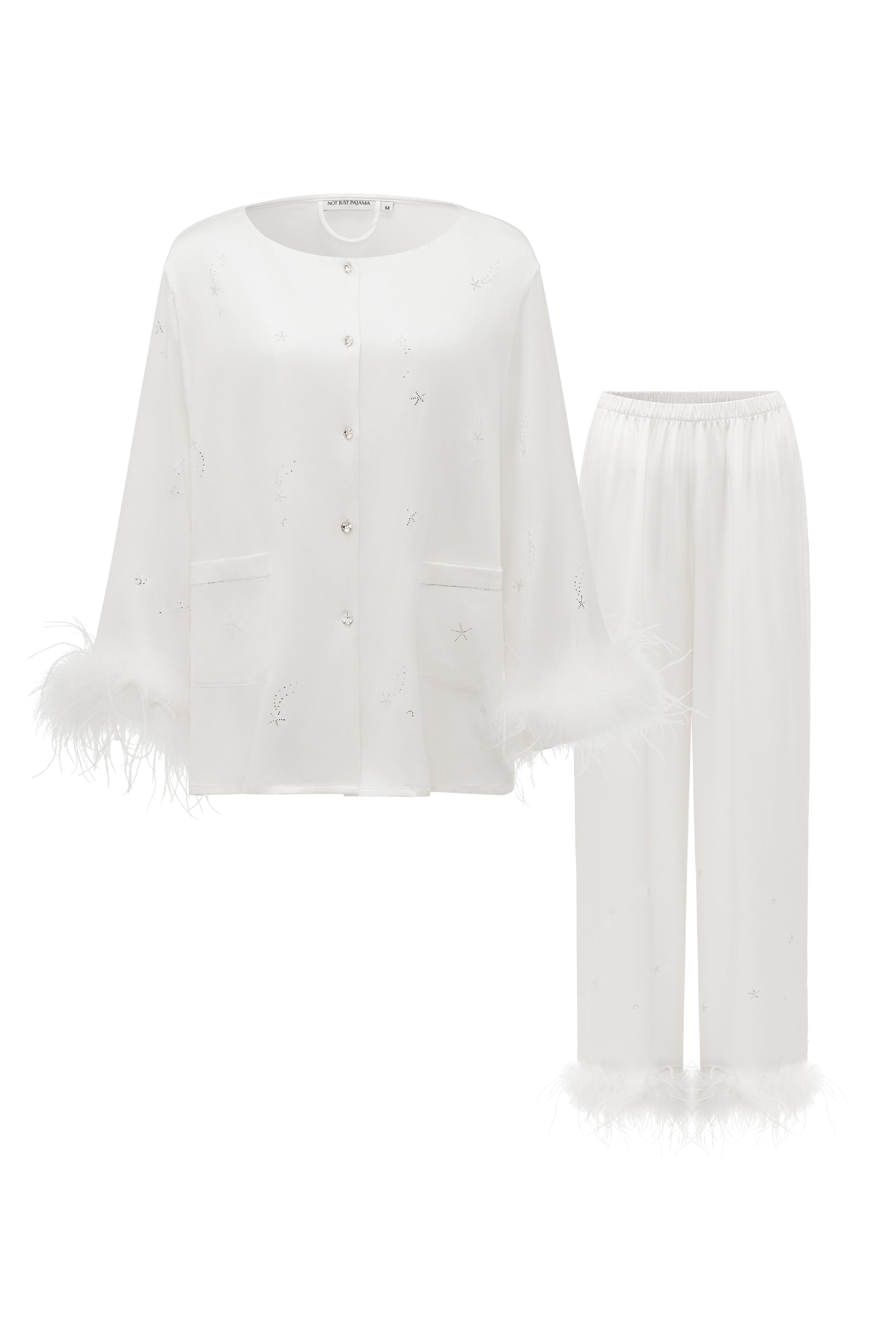 VEGA Collection Feathered Silk Rhinestone-Embellished Long Sleeve Set-Silk Pajamas Long Set-White-S-NJP25120-Not Just Pajama