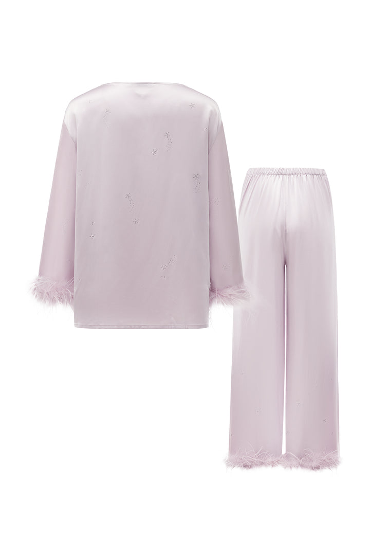 VEGA Collection Feathered Silk Rhinestone-Embellished Long Sleeve Set - Amethyst